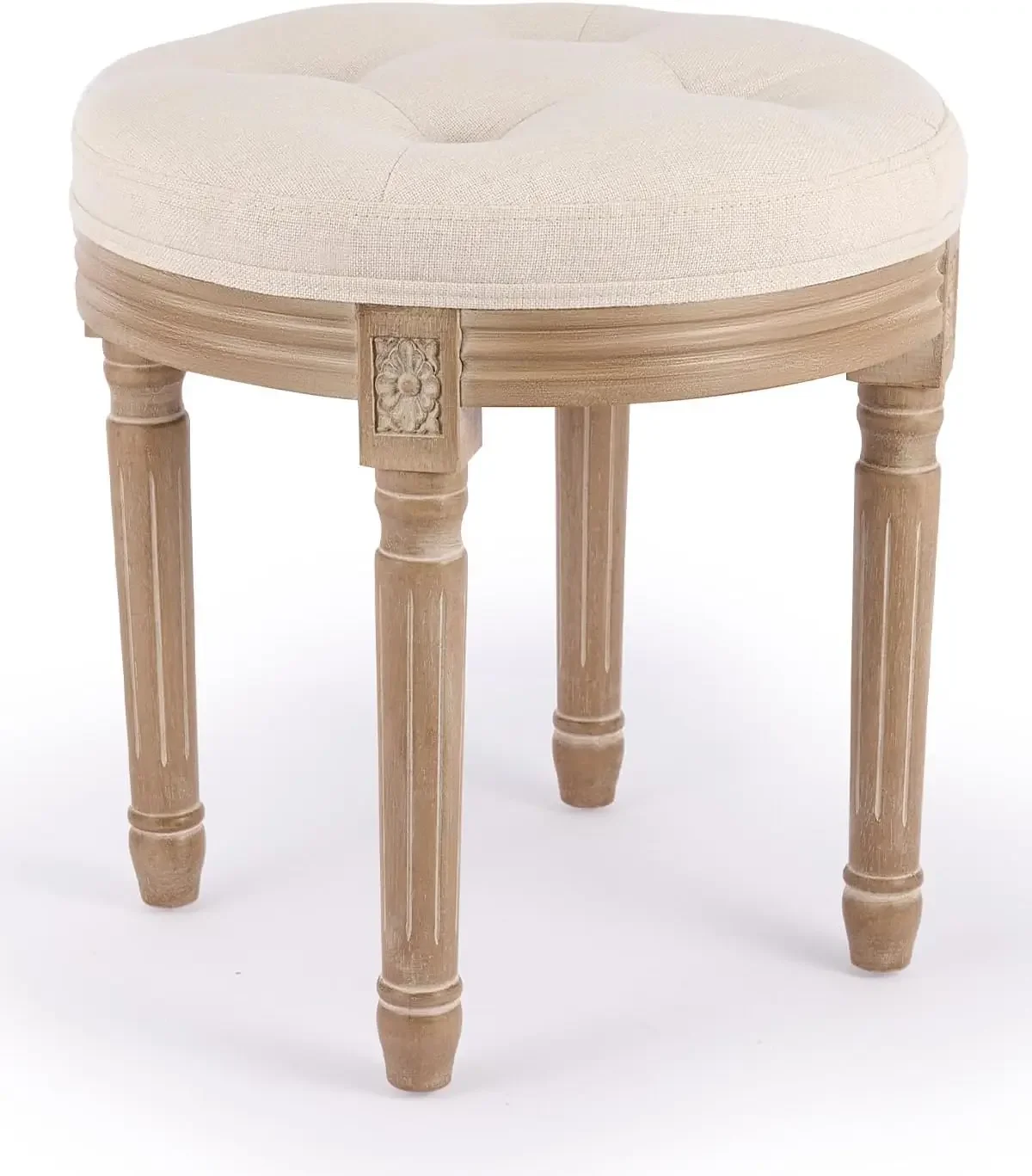 Round Brushed Wood Stool with Diamond Tufting, 18-Inch, Beige