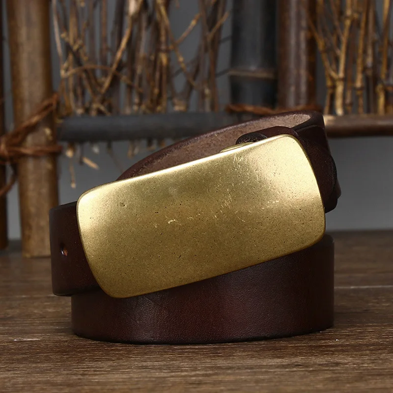 3.3cm Pure Cowskin Men Belt High Quality Genuine Leather Smooth Brass Buckle Strap Male Jeans Luxury Designer Belts for Man