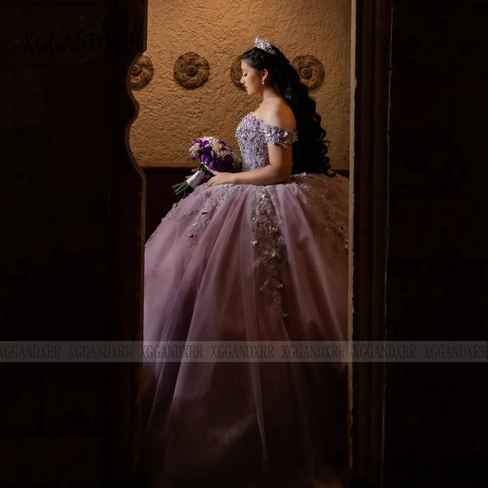 فستان Quinceanera أرجواني فاخر 2026 ذيل طويل الأميرة الكرة ثوب الحلو 15 زهرة Vestidos De XV Años فستان حفلة عيد ميلاد الفتيات #2