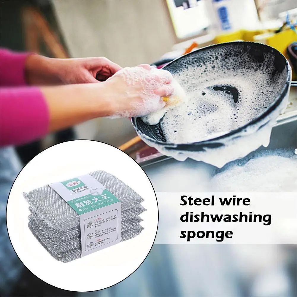 Double Sided Steel Wire Dishwashing Sponge Non-stick - Dishcloth Kitchen Kitchen Reusable Cleaning Home Tool Oil V4S7