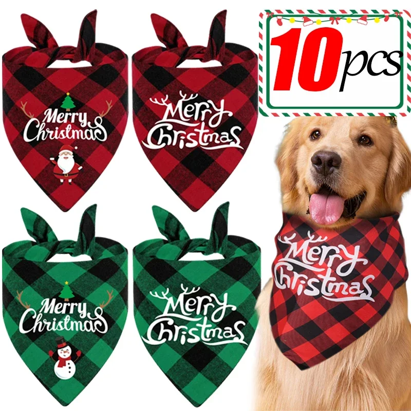 10/1PCS Christmas Print Dog Bandanas Large Pet Scarf Cartoon Red Green Grid Dog Drool Bib Cat Grooming Accessories Pet Supplies