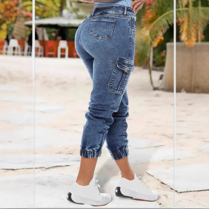 Women Jeans Streetwear Pockets Spliced Pencil Pants Slim Fit Holes Distressed Trousers Casual Denim Pant Pockets Autumn Winter