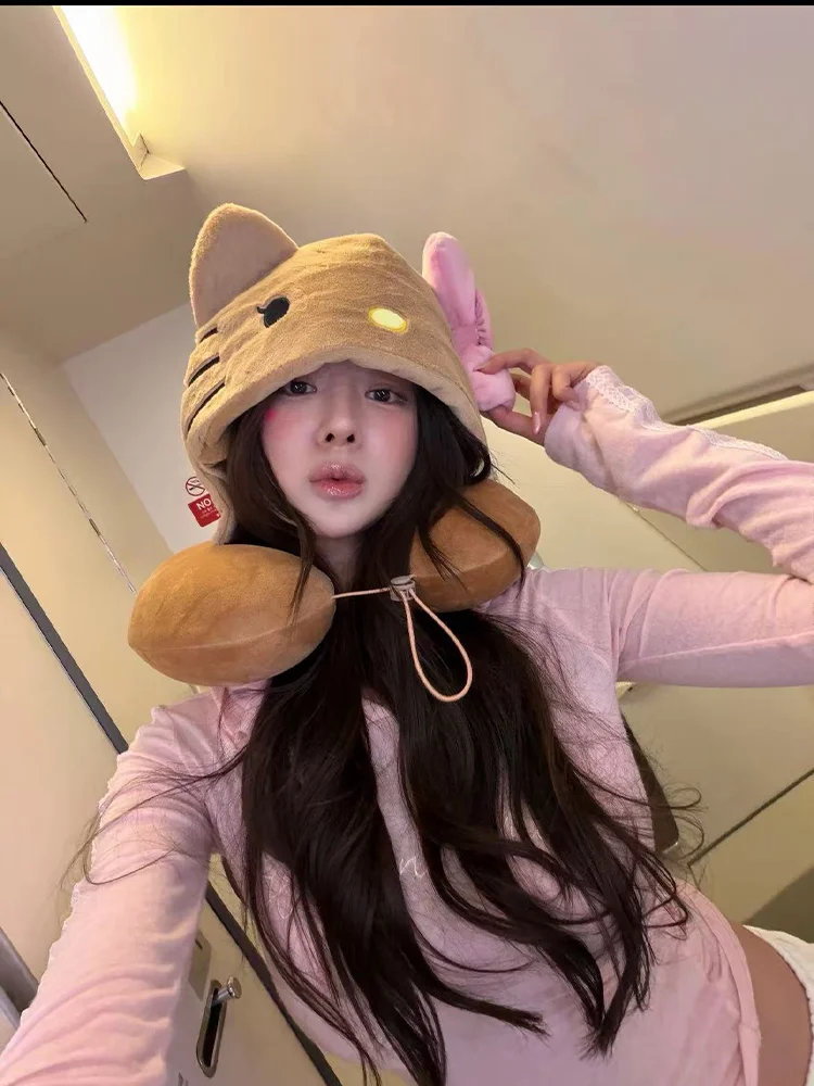 Kawaiihello Kitty مقنعين وسادة على شكل حرف U الكرتون لطيف وسادة قبعة تعتيم السفر الأساسية قيلولة وسادة النوم