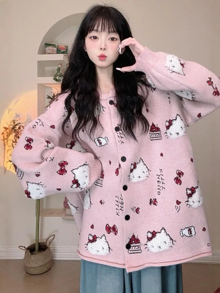 sanrio pink hello kitty cardigan sweater for women spring and autumn new style loose sweet cute coat kawaii gift