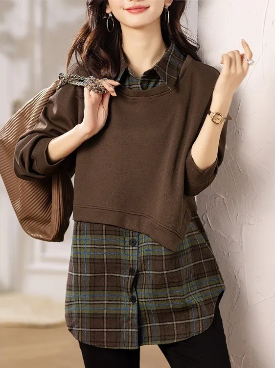 

Весна 2026, повседневный женский топ из двух предметов в клетку с разрезом, большой размер, длинный све, универсальный топ с отложным воротником