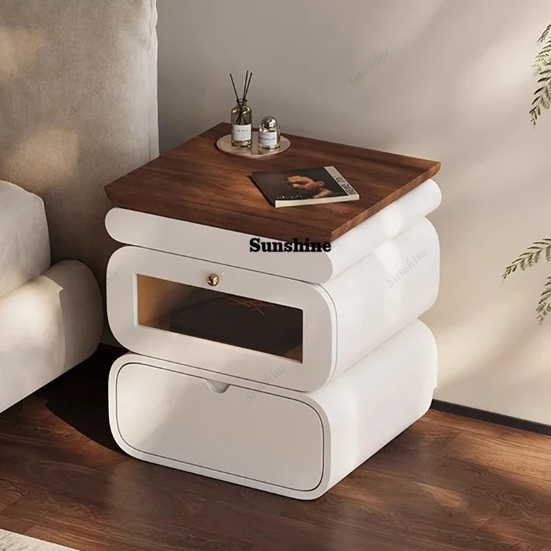 

Rustic Nordic Bedside Table With Secret Compartment Safe Curved Cream Nightstand Unique Chic Mesitas De Noche Furniture For Home