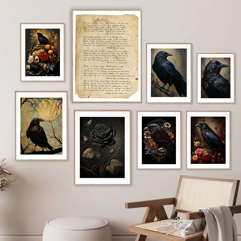 The Raven Poem Poster Edgar Allan Poe Manuscript Page Prints Gothic Wall Art Canvas Painting Home Vintage Floral Dark Crow Decor