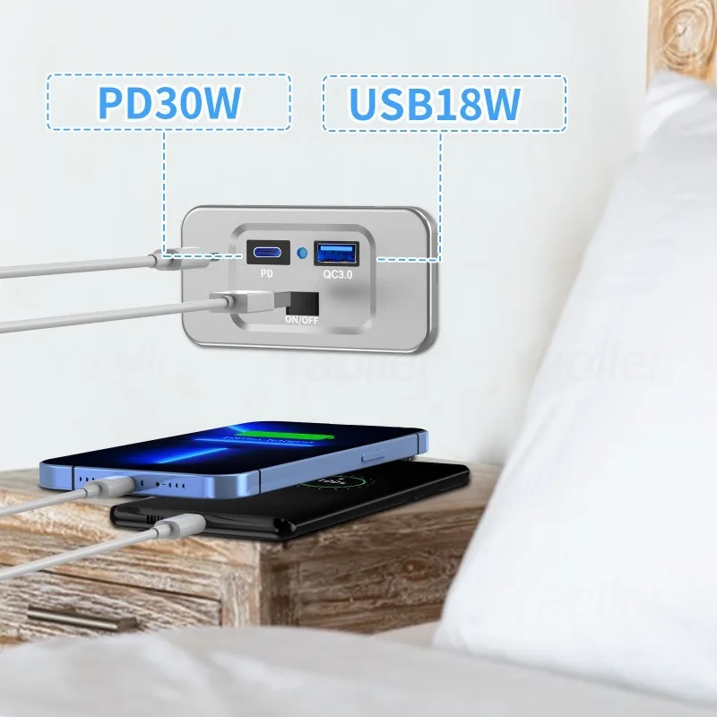 Cargador USB 12-24V, 66W, PD y QC3.0 con Interruptor y Luz Azul para Moto, Coche, Caravanas, Barcos, Camiones - Cargador Impermeable (2PD 4QC