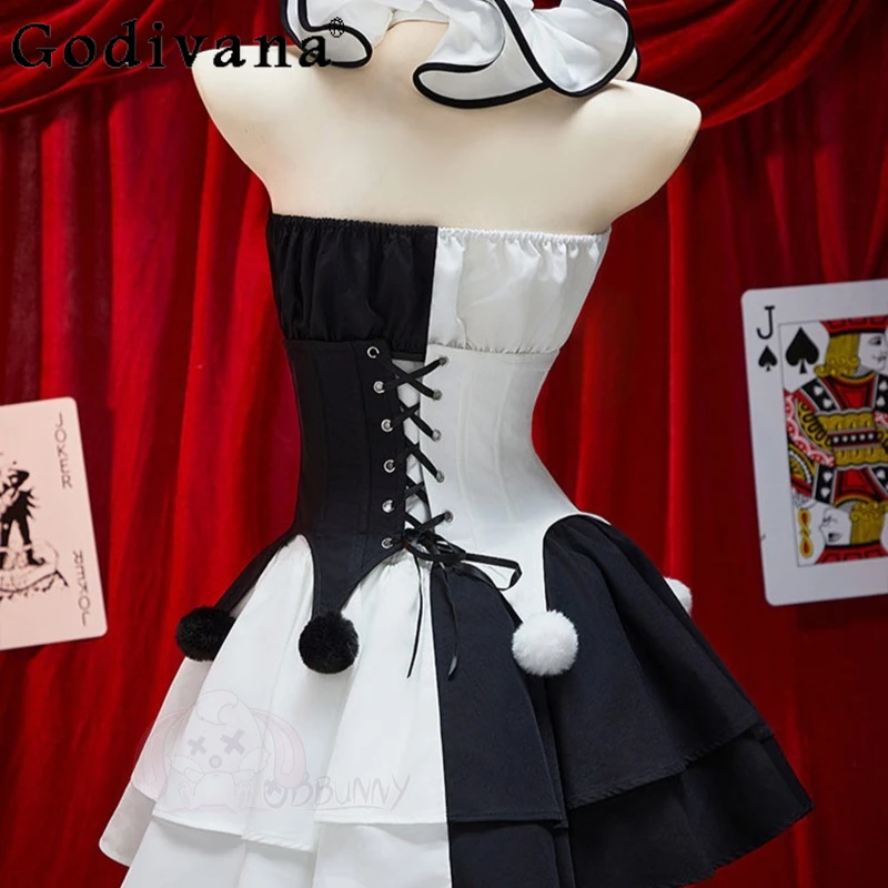 أبيض وأسود كتلة اللون تأثيري حلي المرأة هالوين القوطية مهرج تنورة مجموعة الإناث الصيف أنيمي كوس تنورة الزي #6