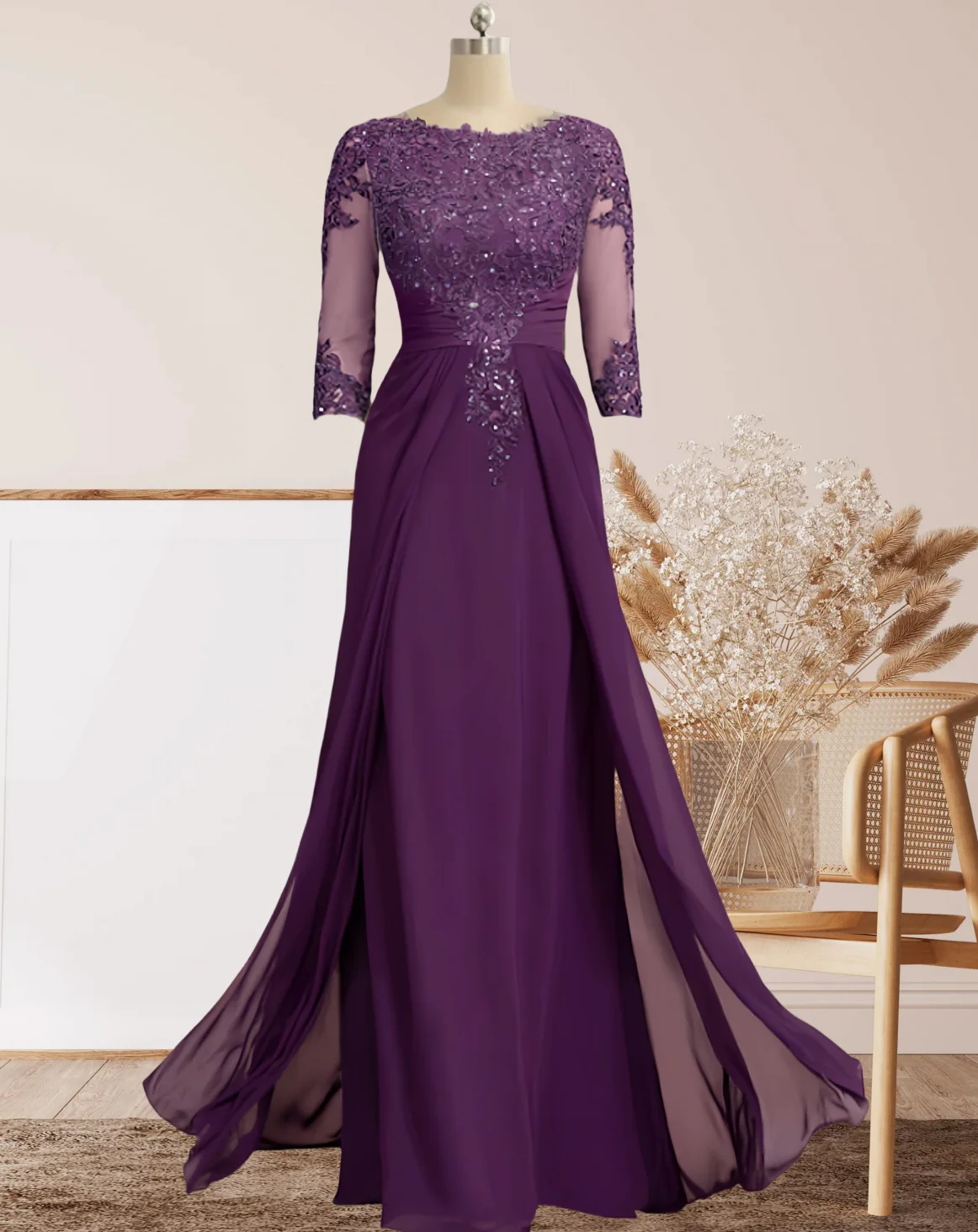 LinasBridal-Vestido para a mãe da noiva com apliques e miçangas, pescoço colher, até o chão, manga 3/4, convidado de casamento formal, 2024