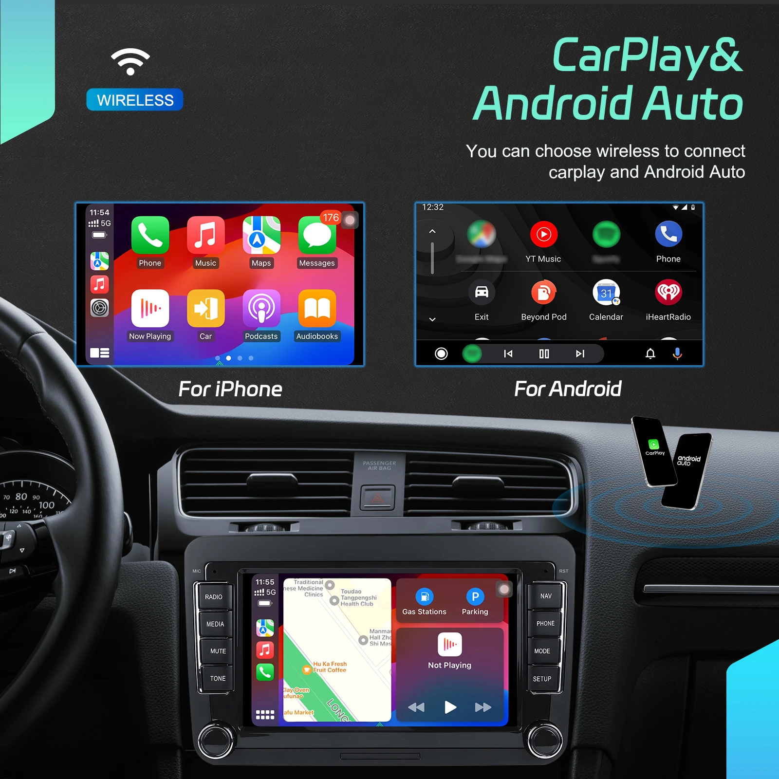 Podofo Android Autoradio 2 Din 7'' 6G+128G für Volkswagen VW Golf Passat Skoda SEAT GPS-Navigation WiFi Intelligentes Autosystem Kabelloses CarPlay Android Auto Autoradio Stereo-Receiver FM RDS