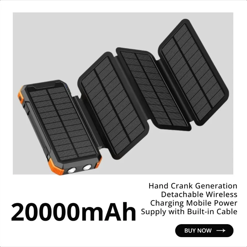 

Solar Power Bank 20000mAh Hand Crank Generation Detachable Wireless Charging Mobile Power Supply with Built-in Cable