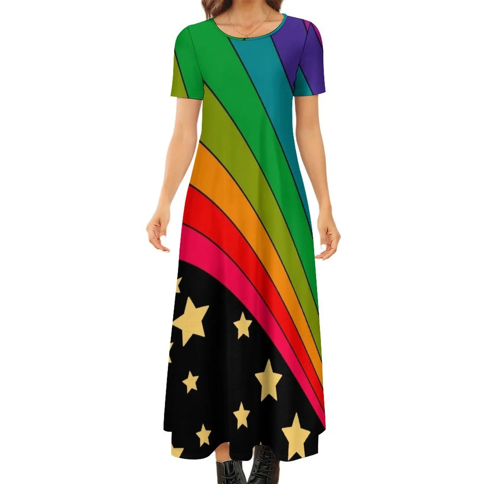 

Stars and rainbow Round Neck Short Sleeve Dress elegant dresses for women Clothing female bandage dress Summer women"s clothing