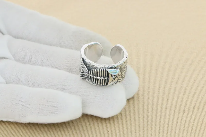 Open pure silver fish bone ring, wide face index finger ring, male punk hip-hop jewelry accessory, Thai silver handsome ring