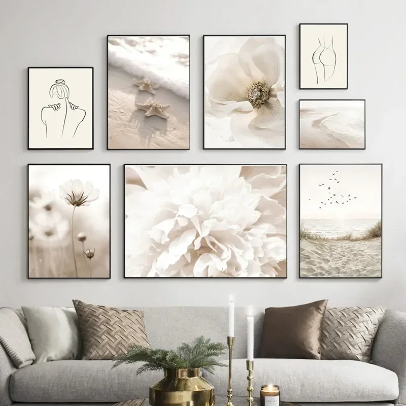 Skandinavische einfache Wandkunst, weiße Muscheln, Strandblumen, Löwenzahn, HD-Diamant-Poster, Drucke, Dekoration für Zuhause, Schlafzimmer, Wohnzimmer
