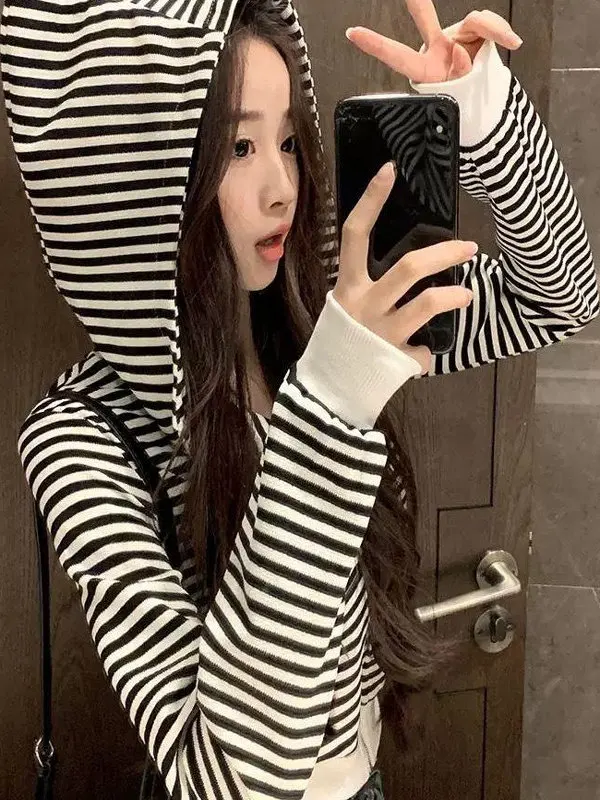 

Devilish Striped Short Coat Women's Spring Autumn Loose Fit Zipper Hoodie Open Cardigan Design Top Korean Style Streetwear