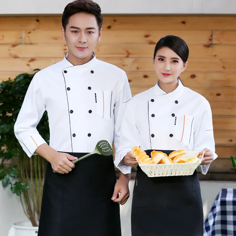 同じプリント柄のシェフ用オーバーオールは男女兼用で、長袖でホテル、レストラン、食堂、キッチンに適しています。