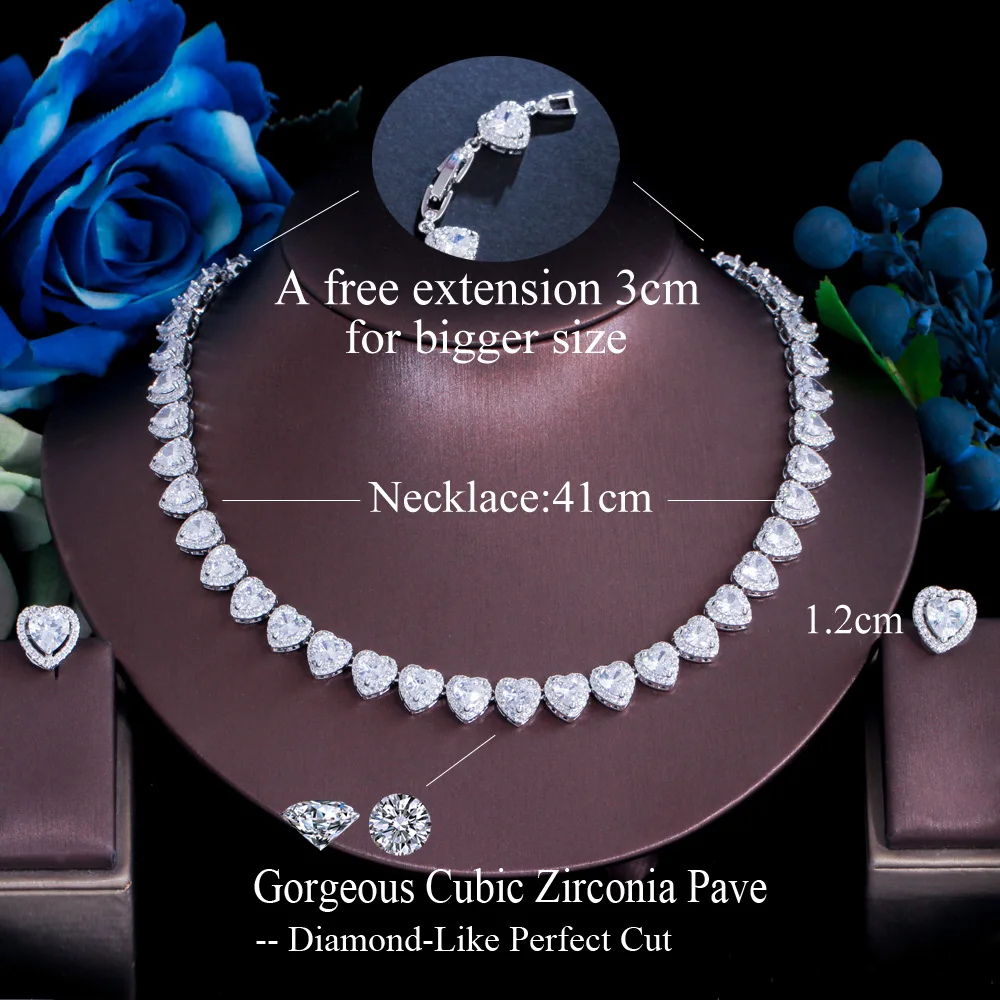 ThreeGraces Luxury Cubic Zirconia Stone Shiny Heart CZ Stud Earrings and Necklace Bridal Wedding Jewelry Set for Women TZ952