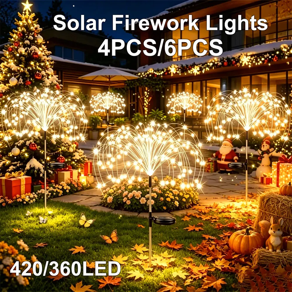 Outdoor Solar Fireworks Lights 240/360LED 8 Modes Waterproof Fairy Lights for Garden Pathways Courtyards Lawns Christmas Decor