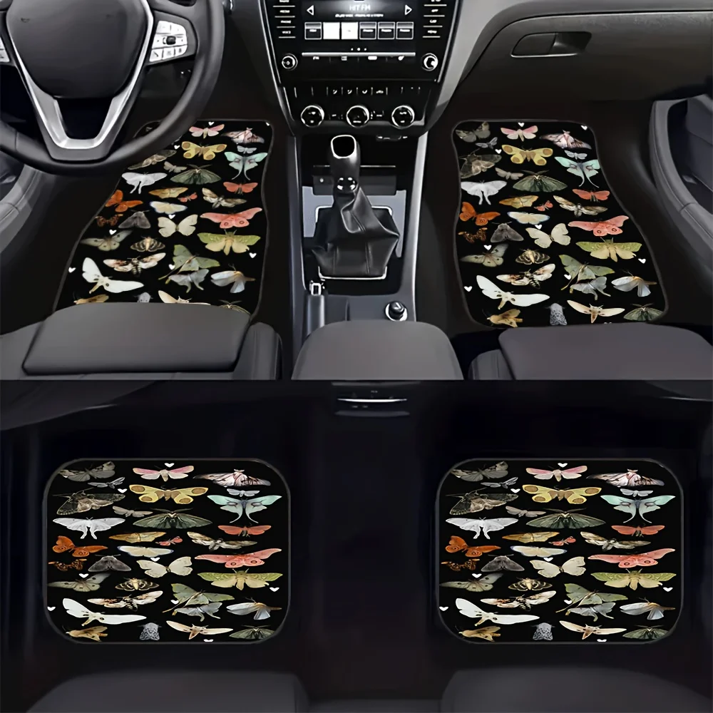4pcs Moth And Butterfly Pattern Car Mats, Universal Front/Rear Floor Mats, Exquisite Insect Illustration Print Interior Accessor