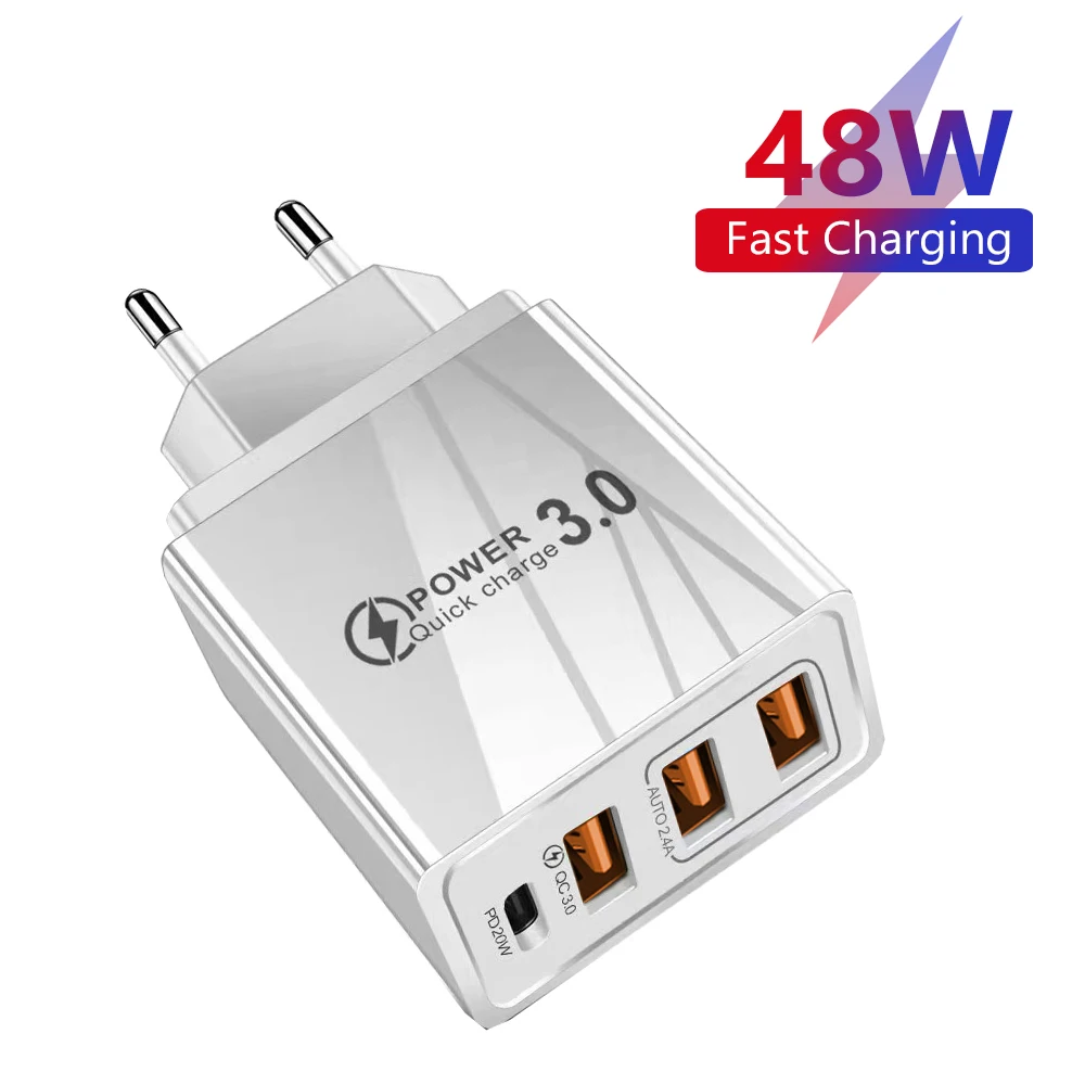 Pengisi daya USB 48W, pengisian daya Cepat QC 3.0 Tipe C PD untuk iPhone 12 13 Max Samsung S21 Huawei Xiaomi ponsel colokan ue/AS pengisi daya dinding