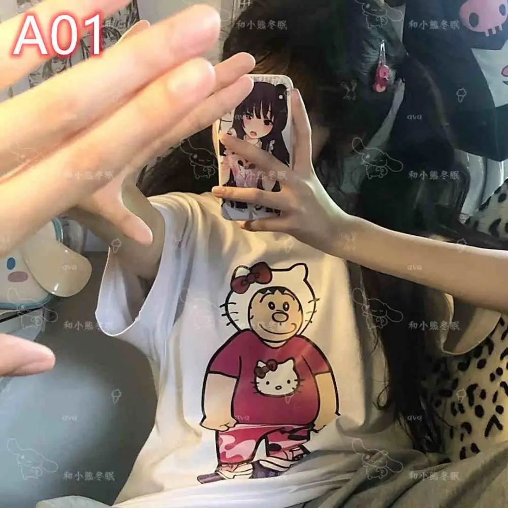 

Kawaii Hello Kitty футболка для косплея с коротким рукавом, летняя футболка Sanrios в стиле аниме, новый студенческий милый мультяшный белый свободный модный топ в консервативном стиле