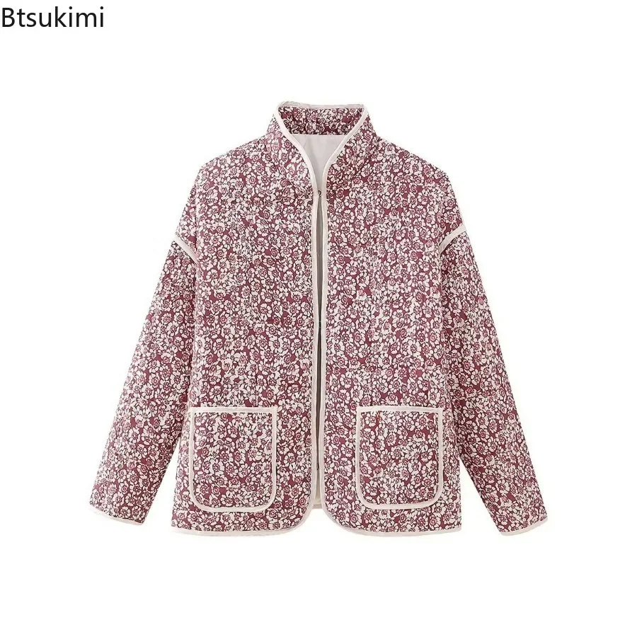 2024 Women\'s Vintage Flower Printed Cotton Jacket Coat Parkas Stand Collar Long Sleeve Cardigan Coats Female Casual Warm Jackets