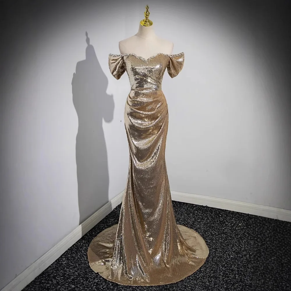 Sereia vestidos de noite lantejoulas douradas sem mangas rendas tapete vermelho brilhante celebridade vestido de baile fora do ombro sem costas vestido de festa