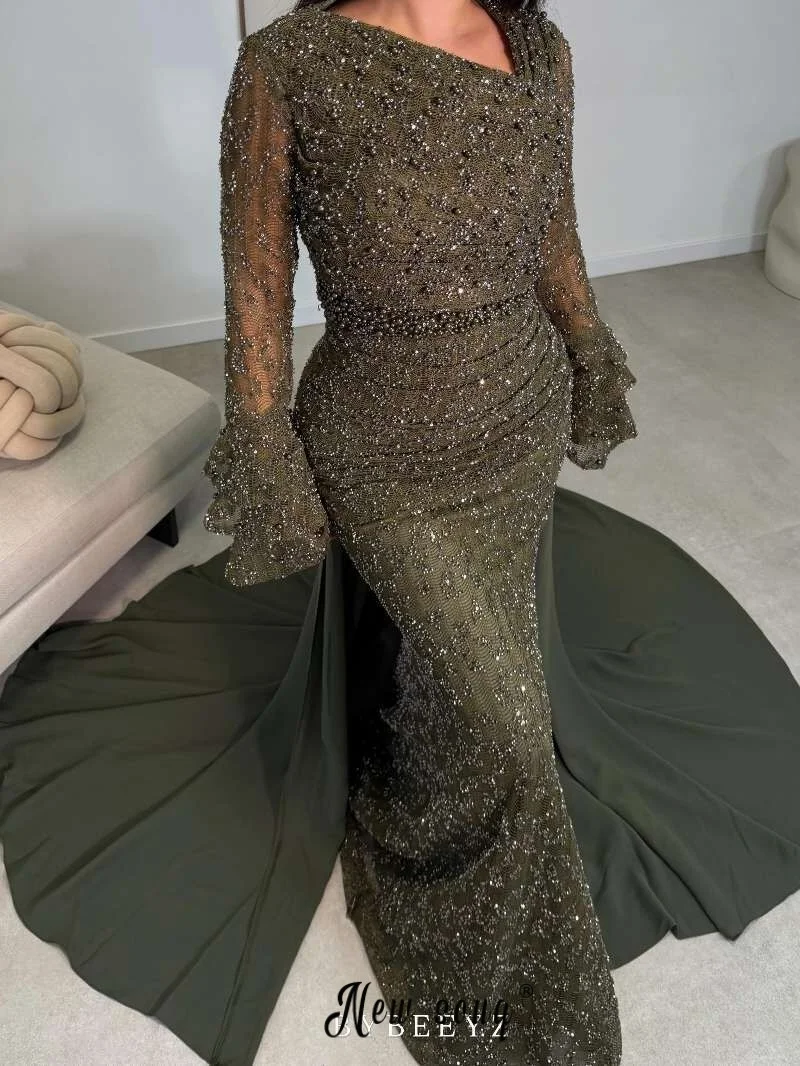 Sage Green Mermaid Prom Dress With Overskit Embroidery Turtle Neck Plus Size Customized Engagement Party Gowns Celebrity Robes