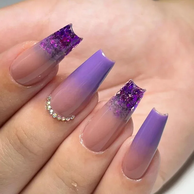 24Pcs/Set Gradient Medium Long Euro Square Wearing False Nails Glitter Stacked Diamonds Art Press on Nail Fashion Fake Nail Tips