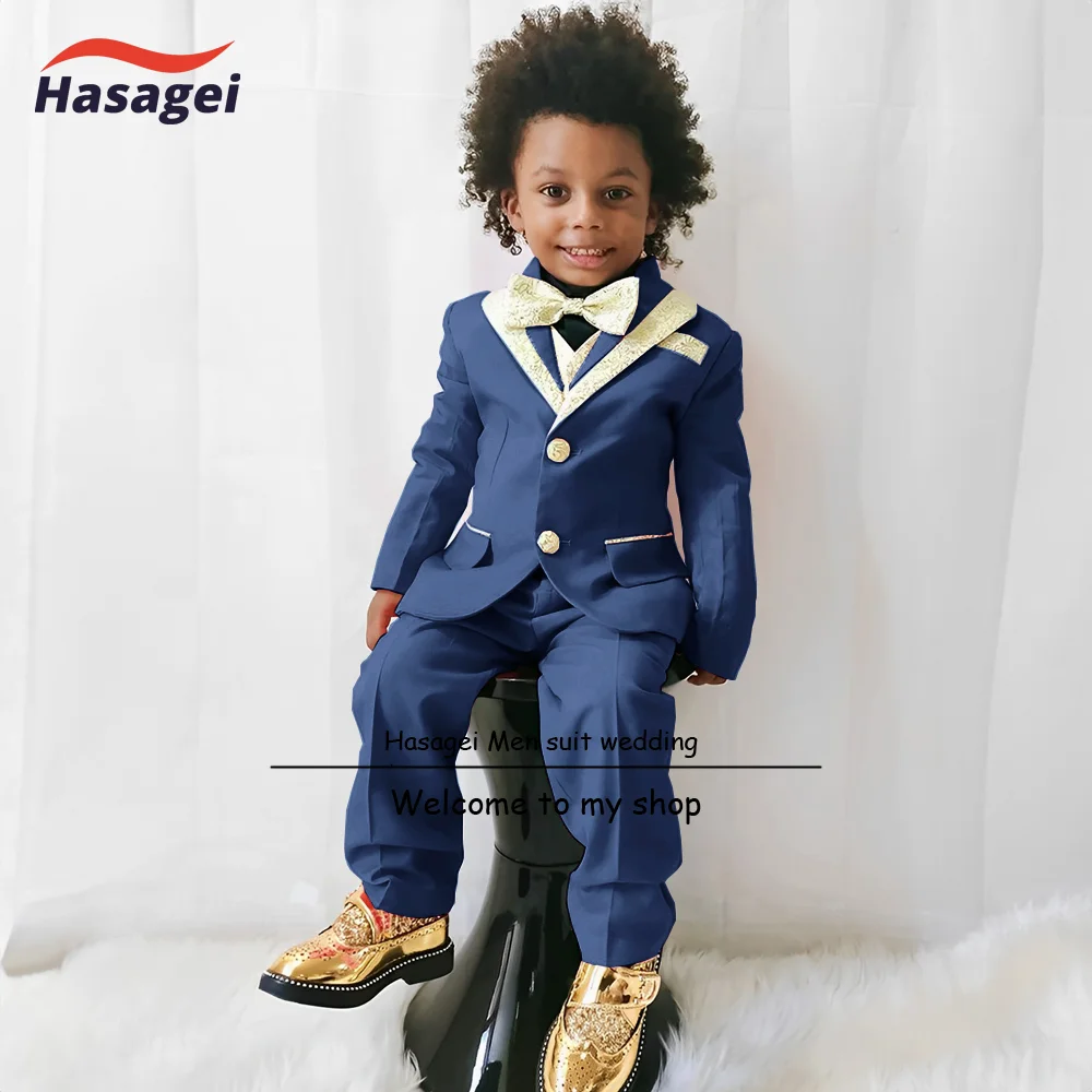 Traje azul real para niños, esmoquin de boda, de 3 piezas chaqueta, pantalones, chaleco, cuello dorado, vestido personalizado, Blazer de fiesta para niños de 2 a 16 años