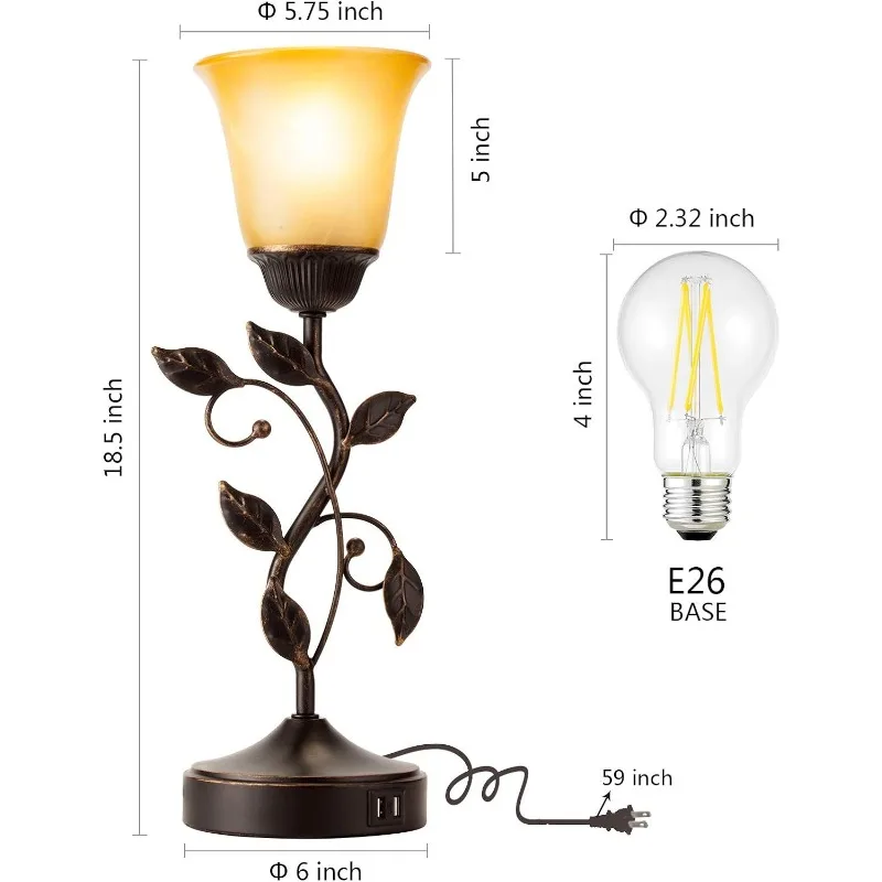 Imagem -06 - Lâmpada de Mesa Dimmable Touch Control Candeeiros de Cabeceira Lâmpada de Folha Vintage Sombra de Vidro Âmbar Portas de Carregamento Usb Vias