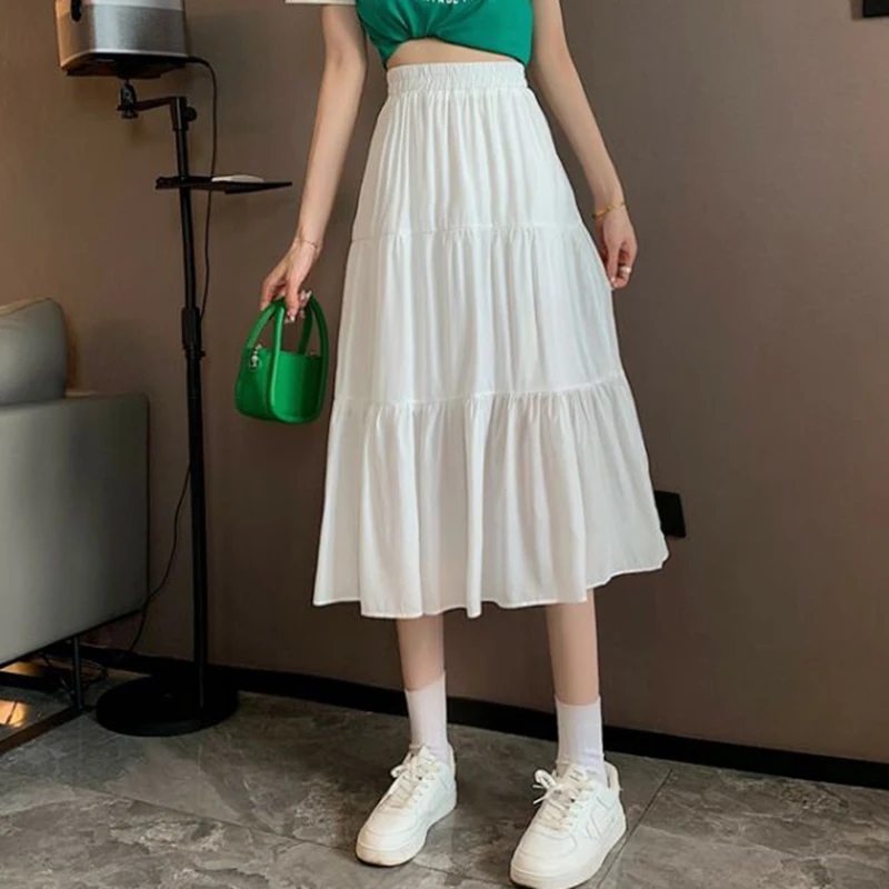 Woman New In Clothes A-line High Waist Casual Slimming Cake Skirt Versatile Mid Length Dress Sweet White Long Skirt All-match