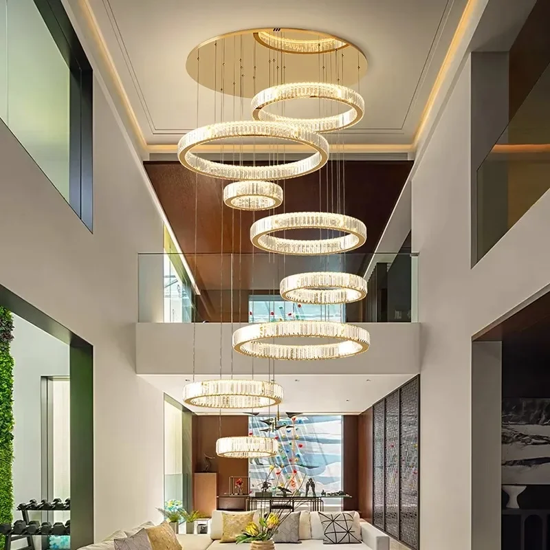 Duplex building chandelier, modern simple light luxury living room with high hollow staircase long branch lamp