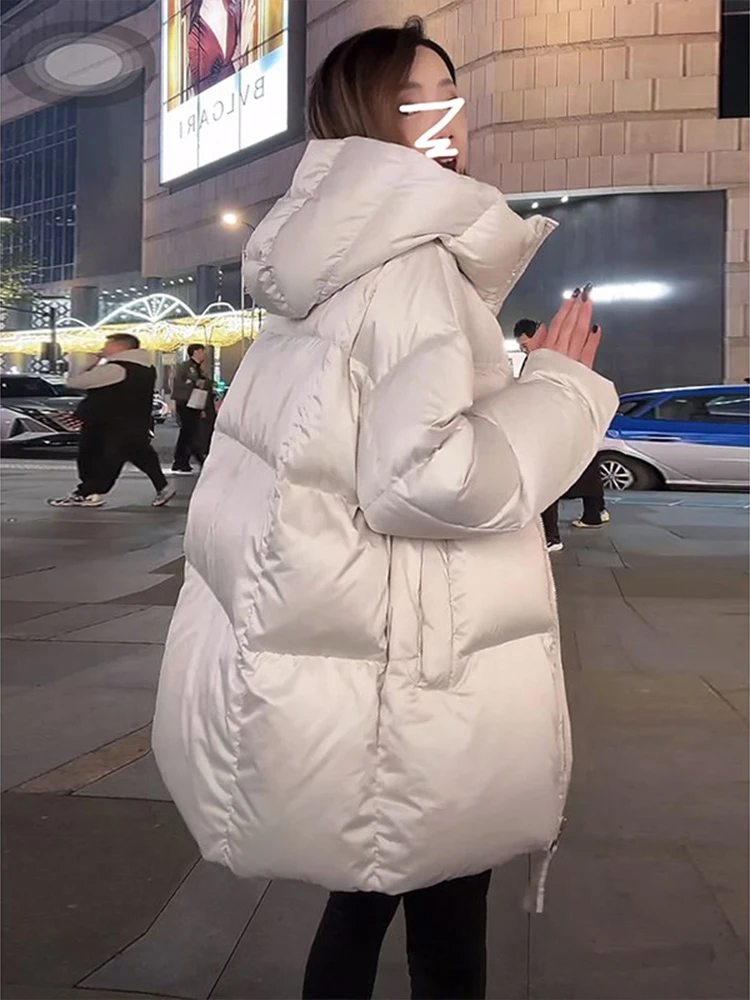 

Модная женская хлопковая куртка средней длины свободного кроя больших размеров с капюшоном в корейском стиле, на молнии, однотонная, для повседневной носки