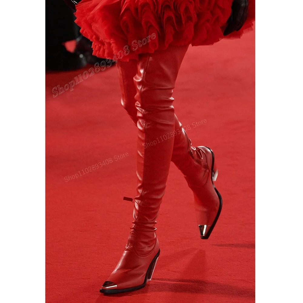 

Red Metal Pointed Toe Thigh High Boots Clear Chunky Heel Runway Matte Leather Women Shoes 2023 Fashion Sexy Zapatos Para Mujere