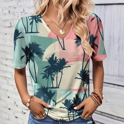 Summer Coconut Tree 3D Print T-shirt Women Streetwear Casual T Shirts Y2k Tops Woman Harajuku V-Neck Tees Oversized Clothing