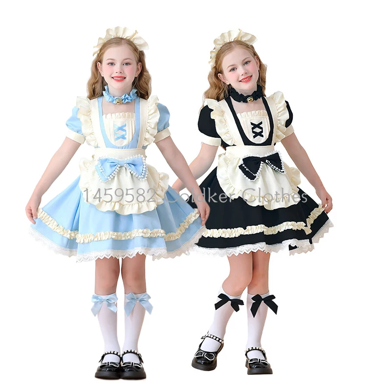 

Children's Alice Girls Maid Costume Pastoral Manor Sweet And Cute Lolita Lace Blue Dress Halloween Cosplay Performance Costume