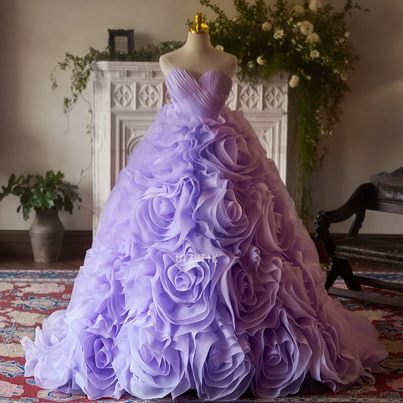 보라색 웨딩 드레스 여성 우아한 공주 긴 프롬 이브닝 파티 가운 럭셔리 꽃 장식 스트랩리스 볼 가운 신부 드레스