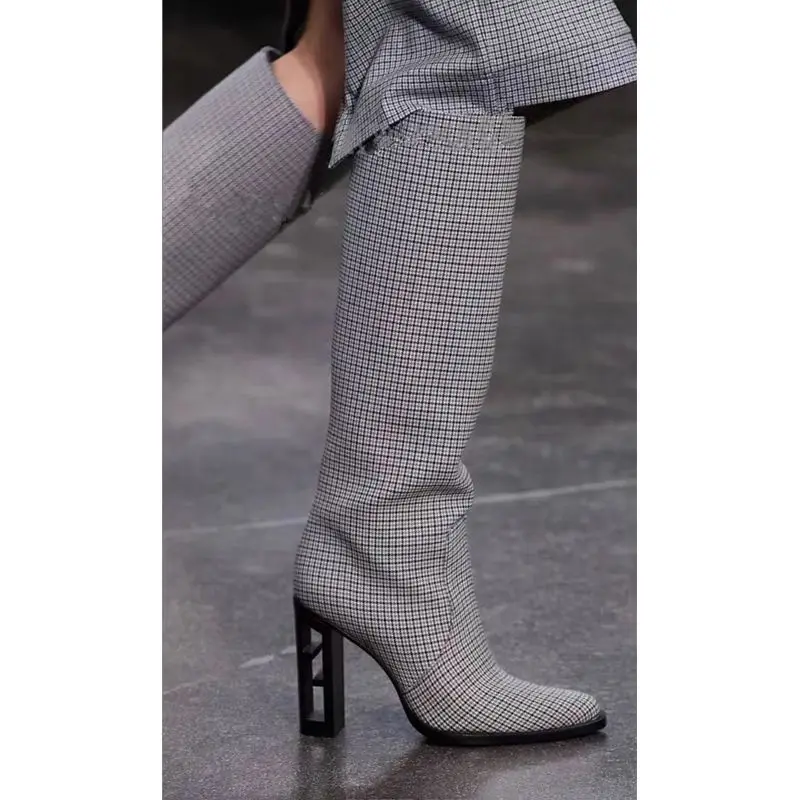 Brand New Hollow Wooden High Heel Sexy High Boots Women's Autumn Pointed Toe Knee Boots/Red Brown/Light Brown/Grey Plaid