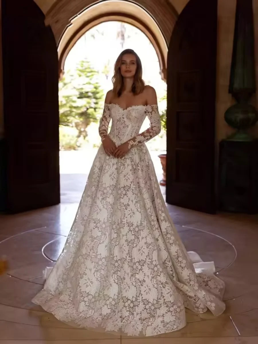 

Lace Appliques Exquisite Wedding Dress Off The Shoulder Long Sleeve Bridal Gown Customized A-line Dresses For Bride