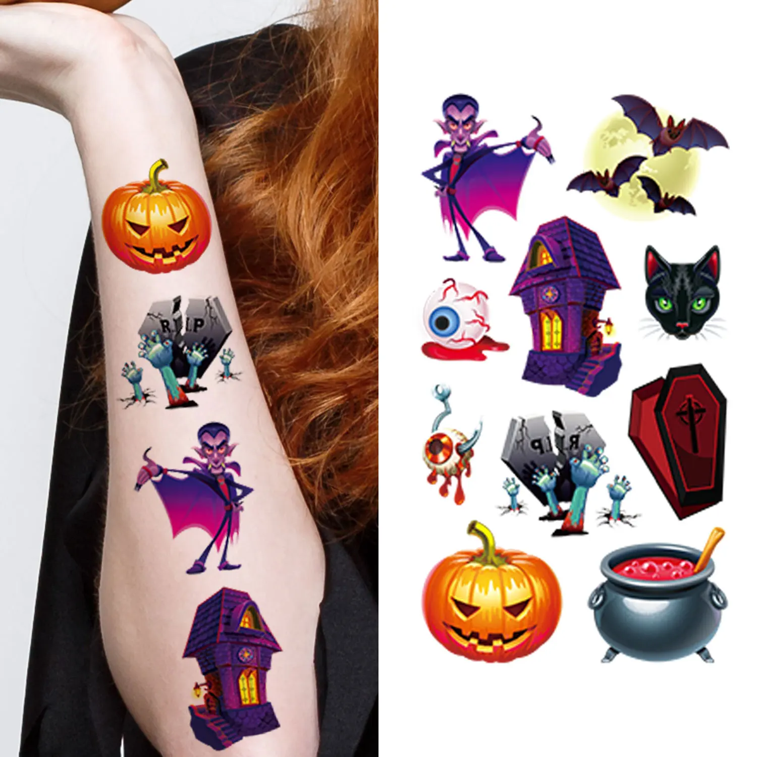 10 أوراق مكونة من 120 قطعة من ملصقات الوشم بنمط عنصر الهالوين، شبح اليقطين الخفافيش والزومبي، مقاومة للماء وواقعية