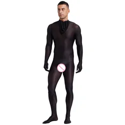 Men Glossy Sheer Full Body Jumpsuit Stretchy See Through Tights Bodystockings Sexy Open Crotch Back Zipper Skinny Bodysuits