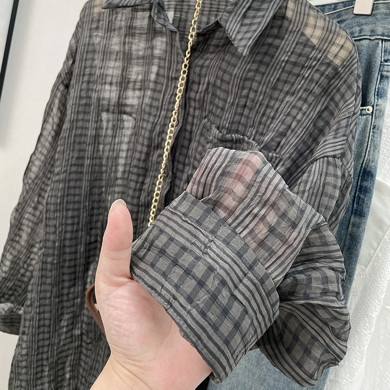 

Women's Loose Fit Summer irt Thin Sun Protection Plaid Long Sve Collar Regular Length Outerwear Cardigan Top