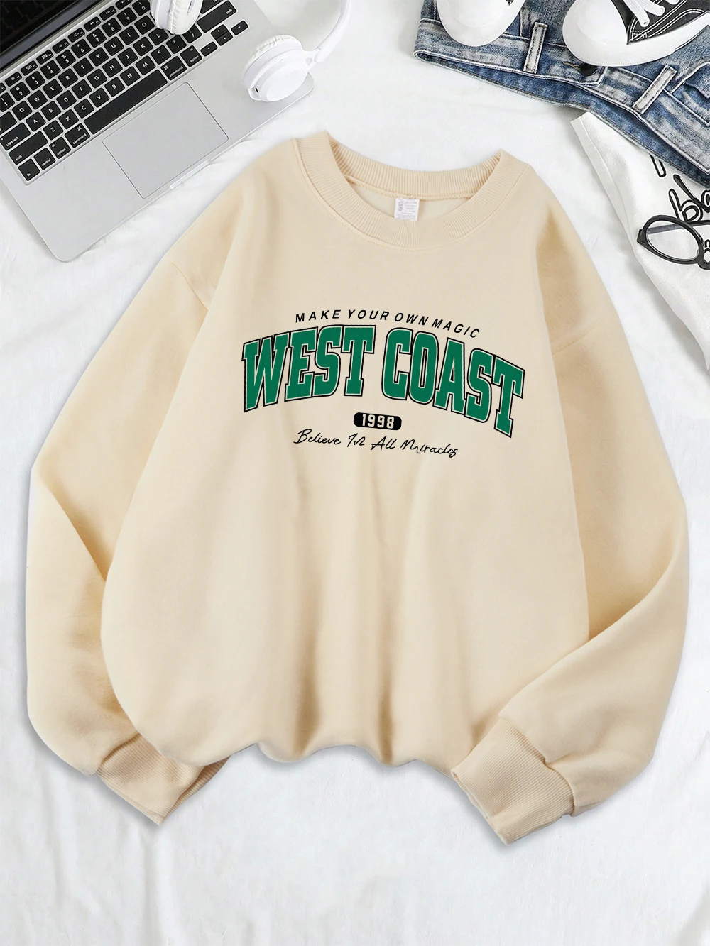 West Coast 1998 Creative Fonts Prints Sweatshirts Womens Loose Sporty Hoodies Fleece Warm O-Neck Tops Winter Comfortable Clothes