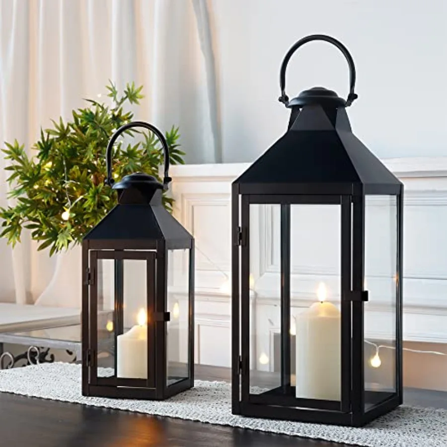 

Set of 2 Decorative Lanterns 17.5inchand13.5inch Metal Candle Lanterns for Indoor Outdoor Events Paritie and Weddings Vintage S