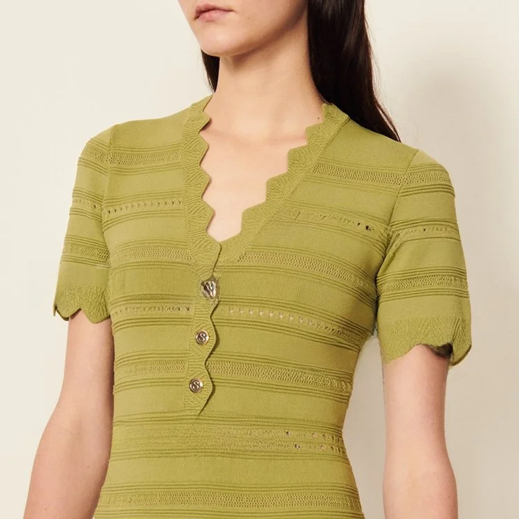 Spring  Women's OL Sle Floral Lace Trim Waist Cinching Hollow out Dr V-Ne A-Line Skirt ort Sve Button Detail