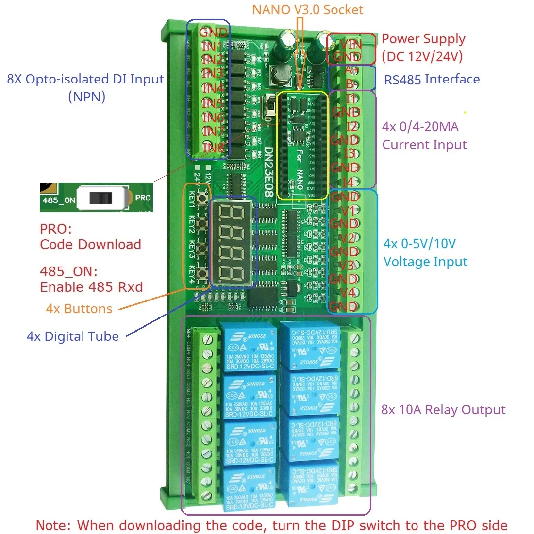 DC 12V 24V 8DI-8AI 4-20MA 0-5V 0-10V collezione analogica RS485 Simple PLC IO scheda espandibile per ARDUINO NANO Modbus RTU