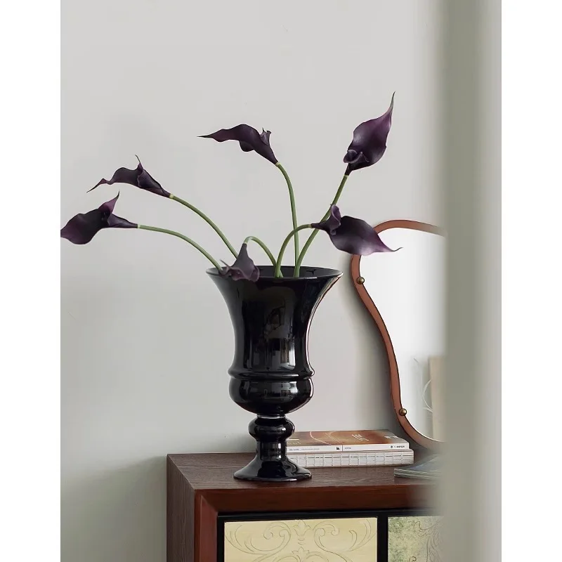 Vase Art Design Exquisite Tall Large-caliber Vase Ornament Glass Black Middle Ancient Times Retro Aesthetics Wine Glass Art