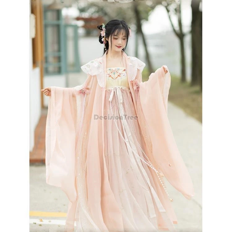 

2024 spring chinese girl vintage cosplay costume tang style new fairy sweet princess hanfu set embroidery strapless gauze dress